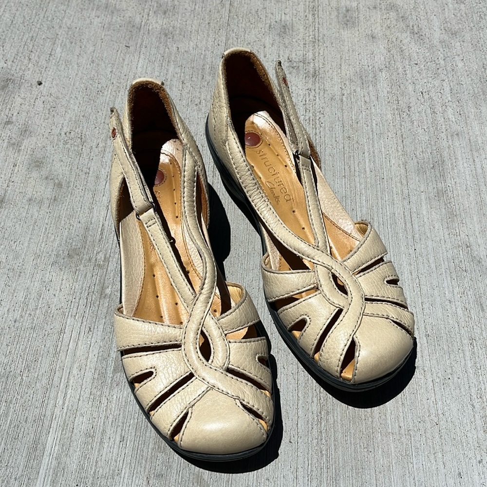 Cream leather Clarks Structured flats with Velcro strap